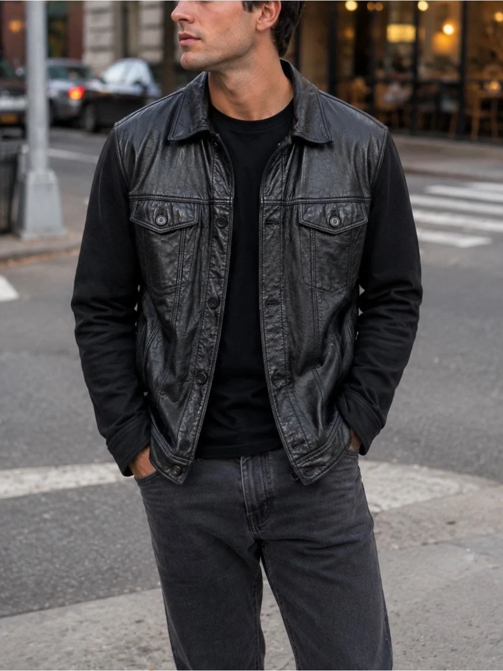 John Varvatos Men's Black Leather Sheep Skin Trucker Button-Front Jacket - Picture 1 of 4